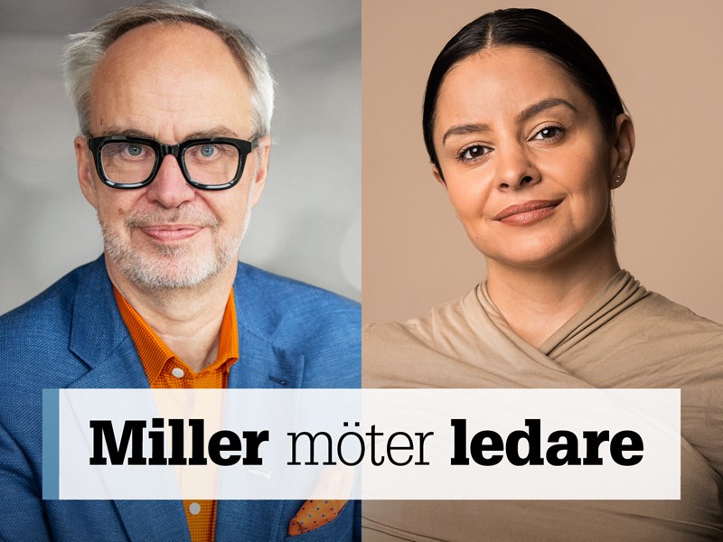 Omslag för podden Miller möter ledare. Bild på Andreas Miller och Michelle Kadir.